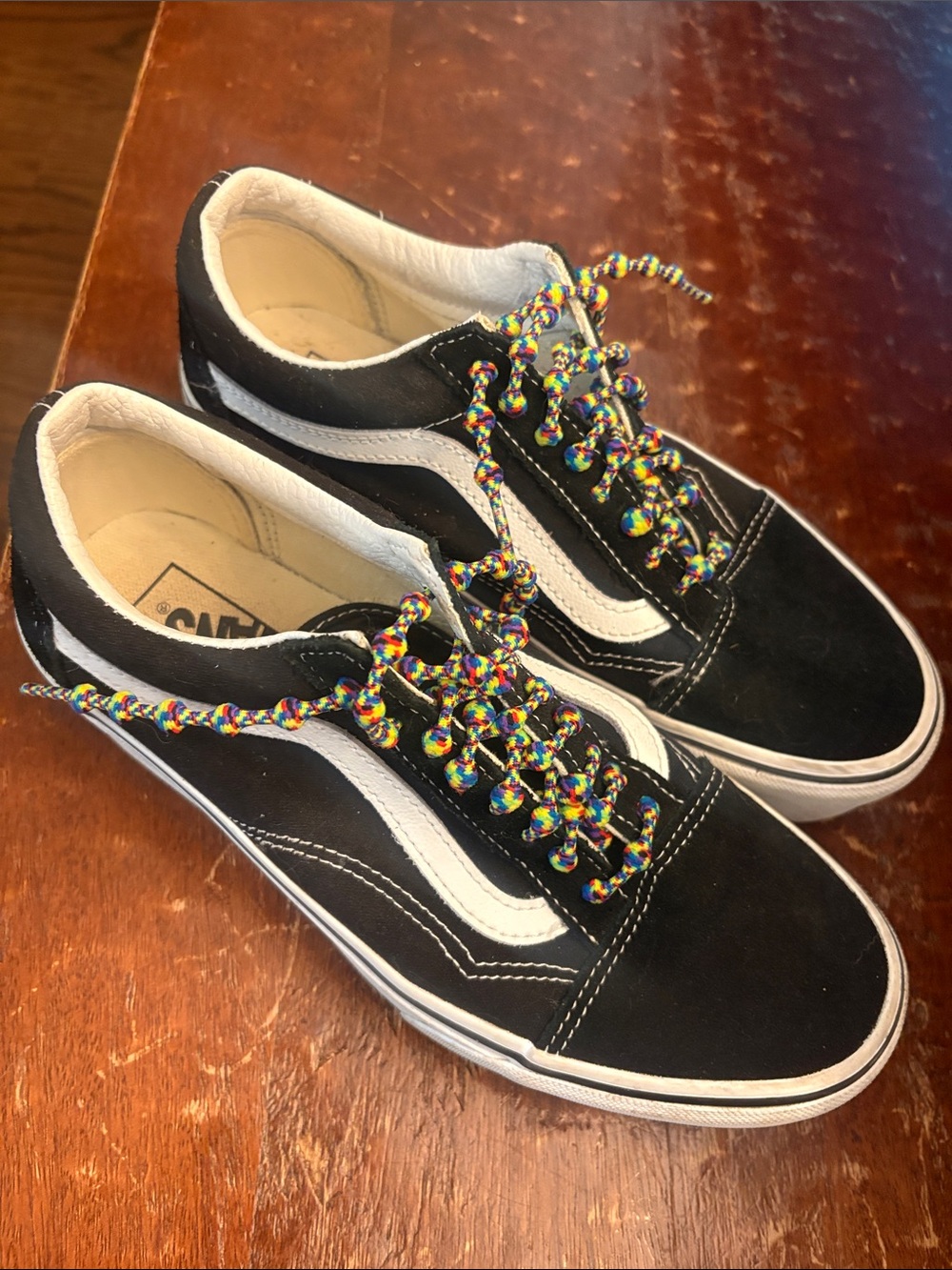 Vans Black and White Low-Top Sneakers with Multicolor Braided Laces